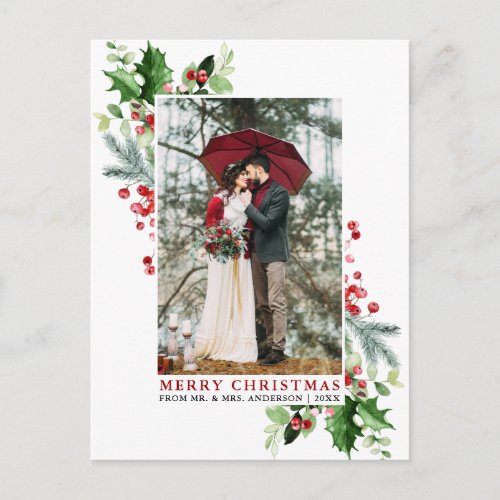 Watercolor Holly Christmas Greenery Wedding Red Postcard