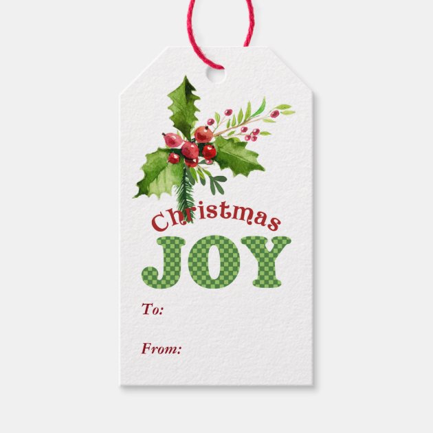 Watercolor Holly Christmas Joy Word Art Gift Tags