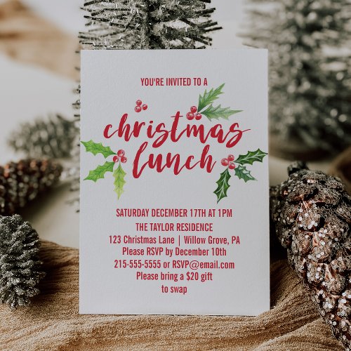 Watercolor Holly Christmas Lunch Invitation