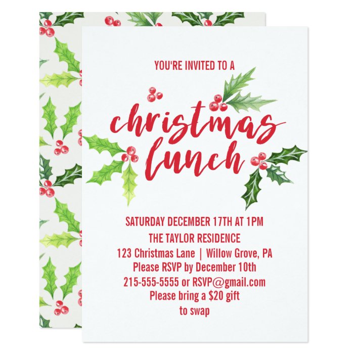 Watercolor Holly Christmas Lunch Invitation