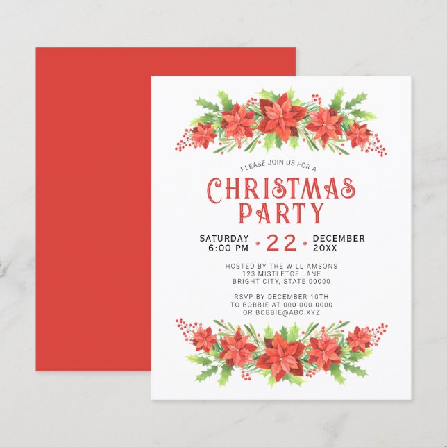 Watercolor Holly Christmas Party Budget Invitation (Front/Back)
