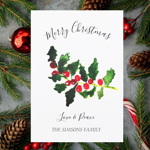 Watercolor Holly Christmas Tree Merry and Bright Holiday Card