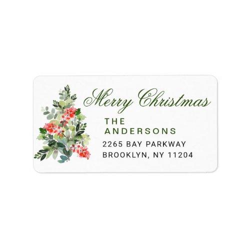 Watercolor Holly Christmas Tree Return Address Lab Label