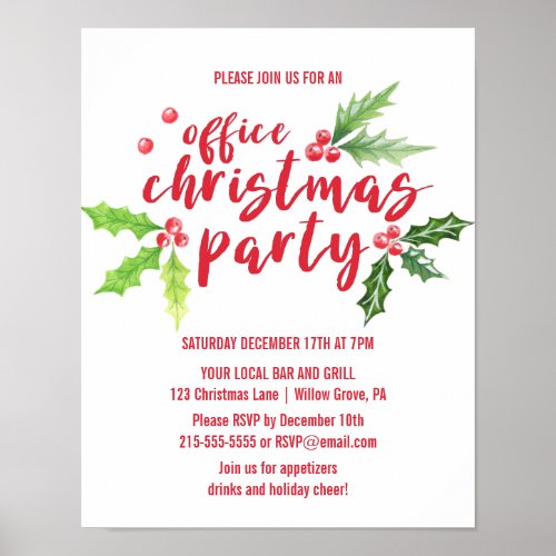 Watercolor Holly Company Christmas Party Invite Poster