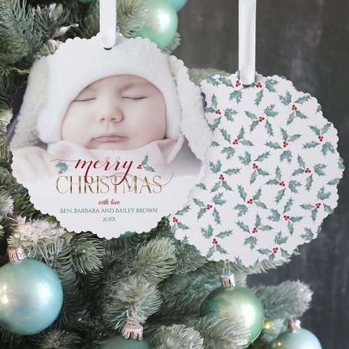 Watercolor Holly  Custom Greeting  Photo Ornament Card