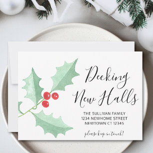 Watercolor Holly Decking New Halls Festive Moving  Announcement