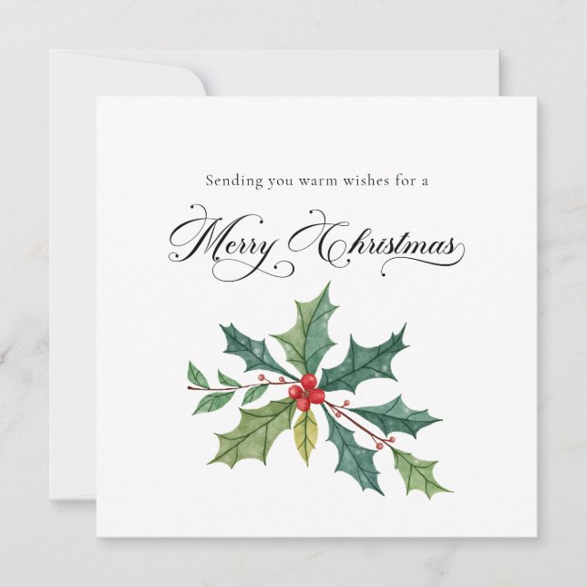 Watercolor Holly Elegant Script Calligraphy Holiday Card (Front)