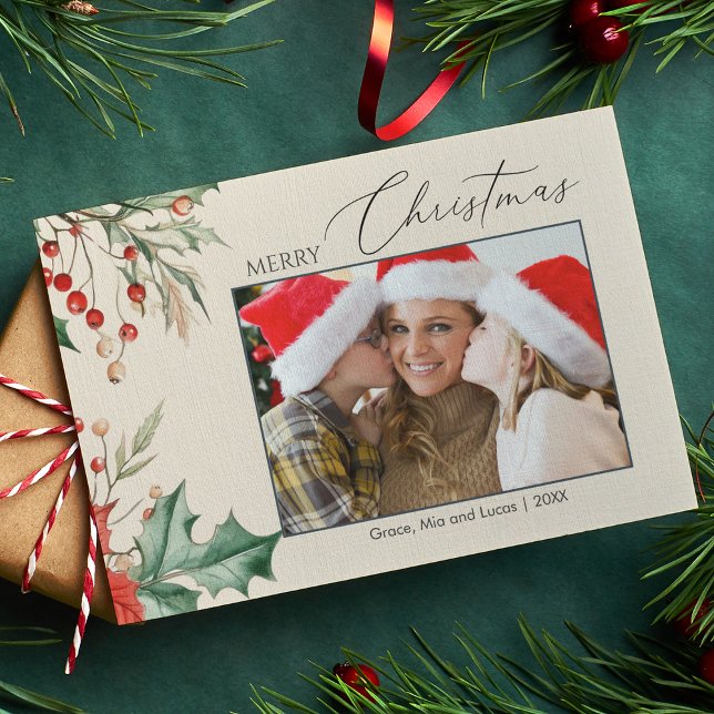 Watercolor Holly Family Photo Christmas Holiday Card (Creator Uploaded)