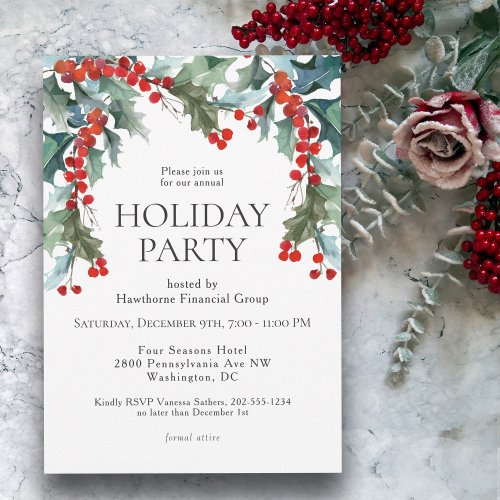 Watercolor Holly Festive Holiday Party Invitation