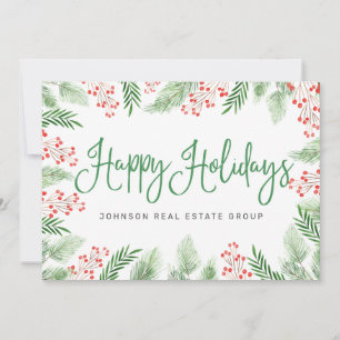 Watercolor Holly Foliage and Berries Holiday Card