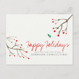 Watercolor Holly Foliage Holiday Greetings Postcard