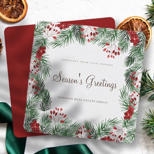 Watercolor Holly Foliage  Seasons Greetings