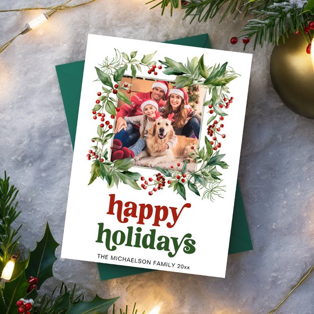 Watercolor Holly Frame Photo Christmas Happy Holiday Card (Happy Holidays Watercolor Holly Frame Photo Holiday Card)
