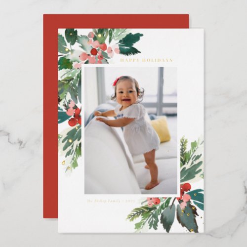 Watercolor Holly Gold Foil Happy Holidays Photo Foil Holiday Card