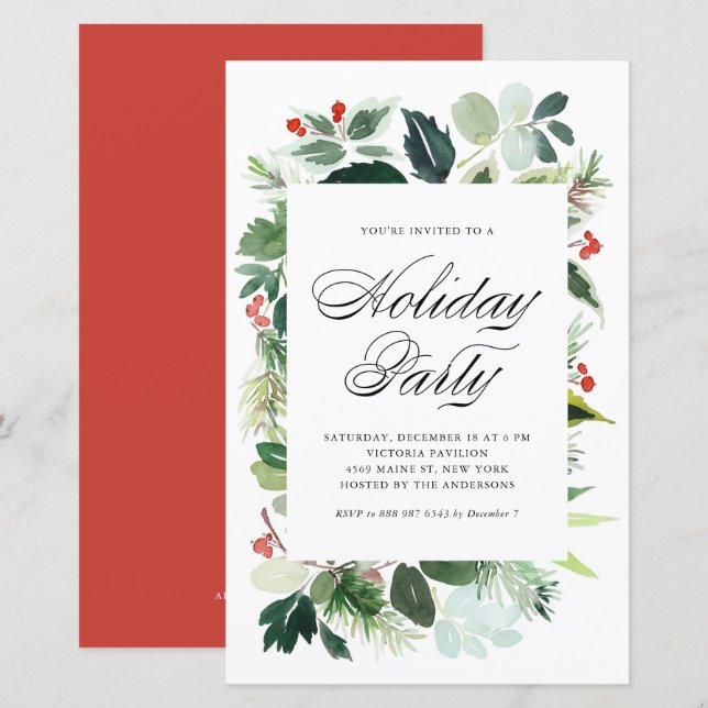 Watercolor Holly Greenery Holiday Party Invitation (Front/Back)