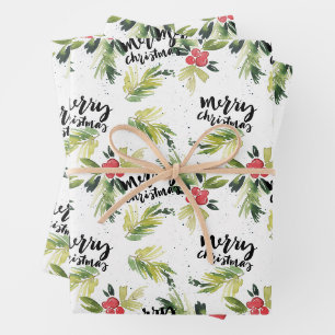 Watercolor Holly Greenery Pattern Merry Christmas Wrapping Paper Sheets