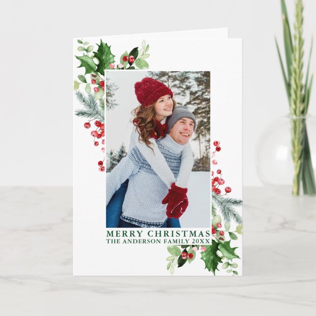 Watercolor Holly Greenery Photo Green Fold Holiday Card (Front)