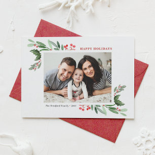 Watercolor Holly Greenery Photo Happy Holidays Holiday Card