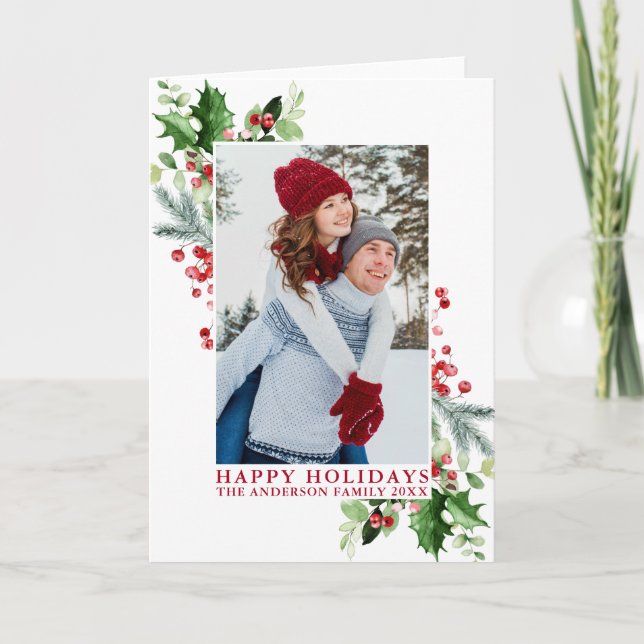 Watercolor Holly Greenery Photo Red Folded Holiday Card (Front)
