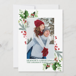 Watercolor Holly Greenery Season's Greetings Green Holiday Card
