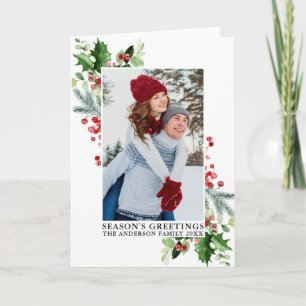 Watercolor Holly Greenery Season's Greetings Holiday Card