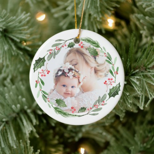 Watercolor Holly Greenery Wreath Christmas Photo Ceramic Ornament