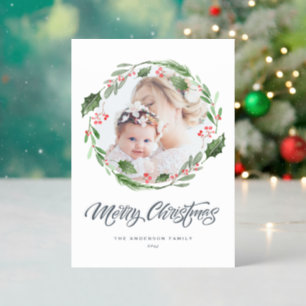 Watercolor Holly Greenery Wreath Merry Christmas Letterpress Photo Cards