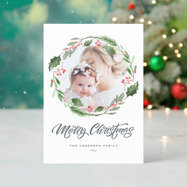 Watercolor Holly Greenery Wreath Merry Christmas Letterpress Photo Cards (Front (Into))