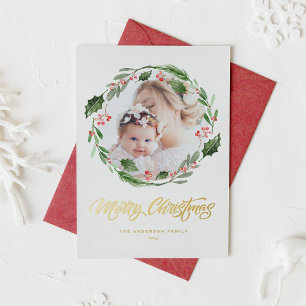 Watercolor Holly Greenery Wreath Photo Christmas Foil Holiday Postcard