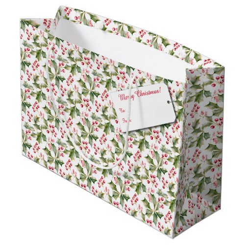 Watercolor Holly  Ivy Themed Christmas Large Gift Bag