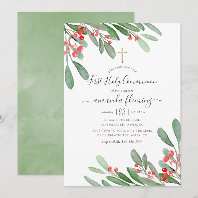 Watercolor Holly Jolly Christmas Holy Communion Invitation (Front/Back)