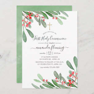 Watercolor Holly Jolly Christmas Holy Communion Invitation