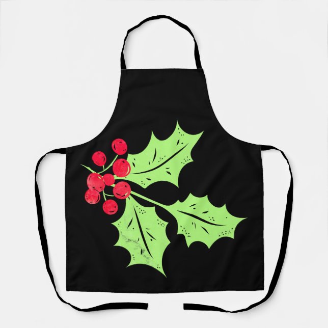 Watercolor Holly Leaves and Berries Apron (Front)