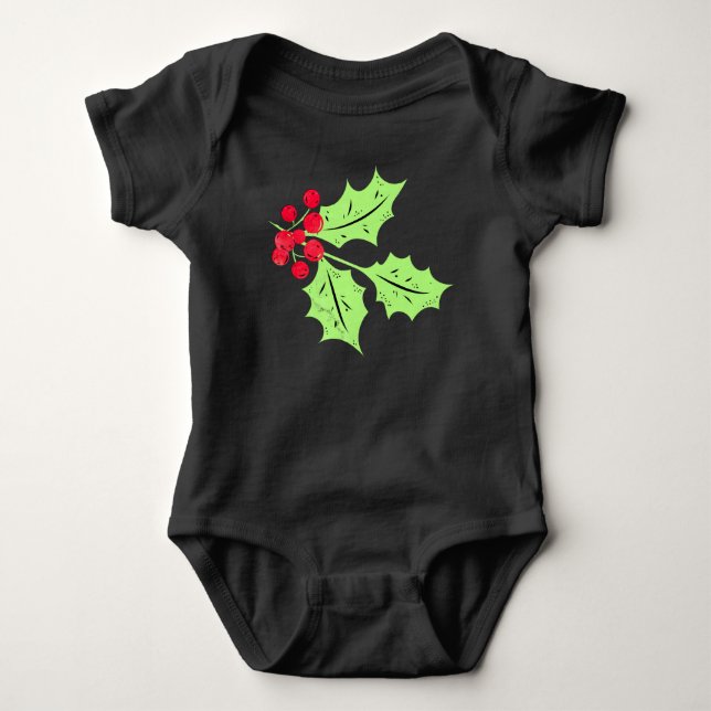 Watercolor Holly Leaves and Berries Baby Bodysuit (Front)