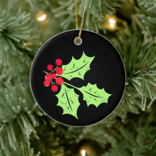 Watercolor Holly Leaves and Berries Ceramic Ornament