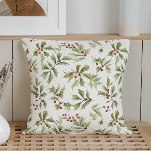 Watercolor Holly Leaves and Berries Throw Pillow