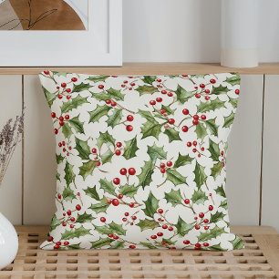 Watercolor Holly Leaves and Berries Throw Pillow
