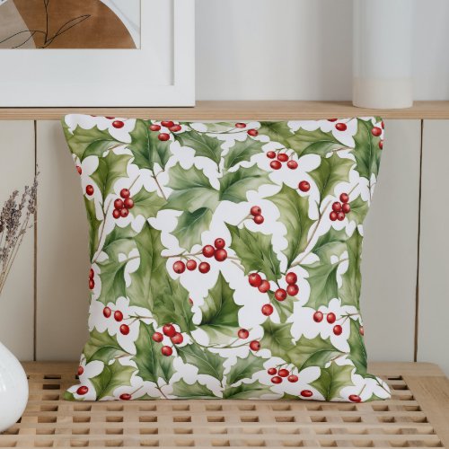 Watercolor Holly Leaves and Berries Throw Pillow