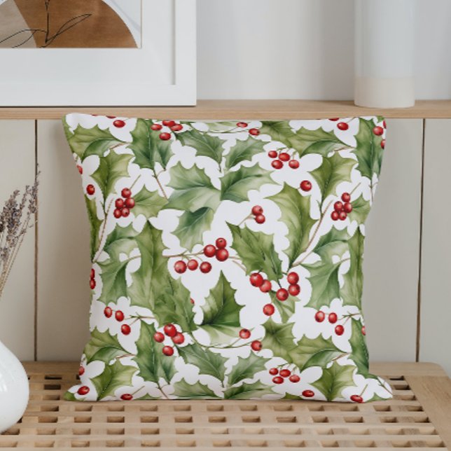 Watercolor Holly Leaves and Berries Throw Pillow (Creator Uploaded)