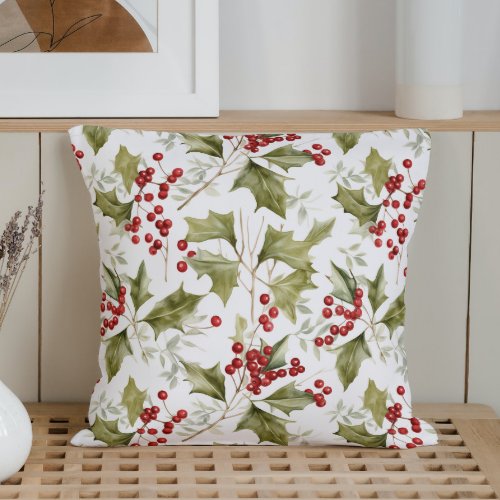 Watercolor Holly Leaves and Berries Throw Pillow