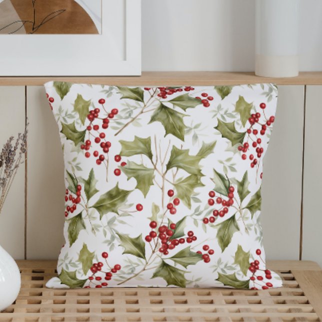 Watercolor Holly Leaves and Berries Throw Pillow (Creator Uploaded)