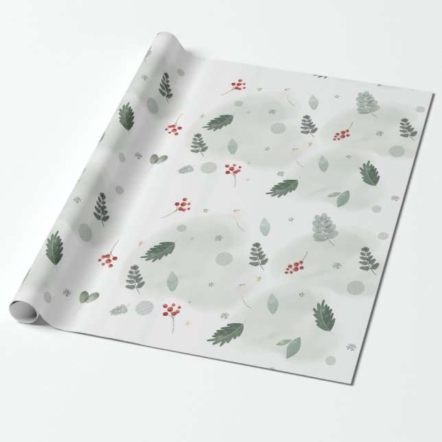 Watercolor Holly Leaves Pattern Christmas Art Plan Wrapping Paper (Unrolled)