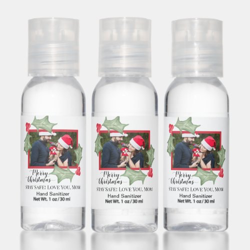 Watercolor Holly Leaves with Photo Merry Christmas Hand Sanitizer