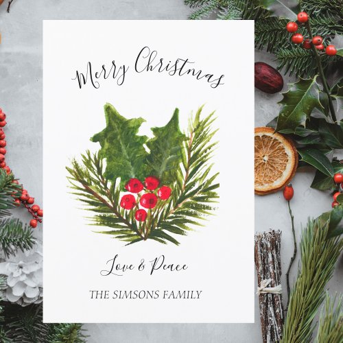 Watercolor Holly Merry and Bright Christmas Tree  Holiday Card