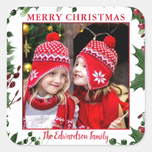 Watercolor Holly Merry Christmas family photo Square Sticker