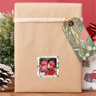 Watercolor Holly Merry Christmas family photo Square Sticker