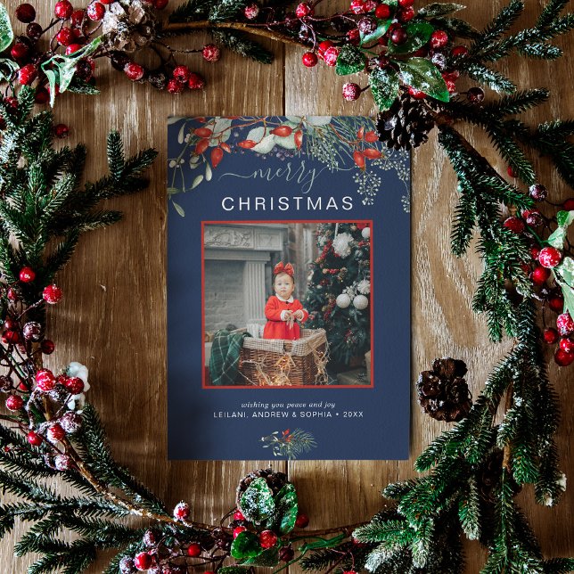 Watercolor Holly Merry Christmas Photo Navy Blue Holiday Card (You will love these beautiful Christmas cards! They feature botanical watercolor pine and berries.)