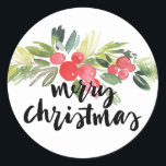 Watercolor Holly Merry Christmas Sticker<br><div class="desc">Modern and whimsical Christmas sticker featuring watercolor holly wreath and brush typography. This is a part of a holiday set - matching stamps,  stickers,  and labels.</div>