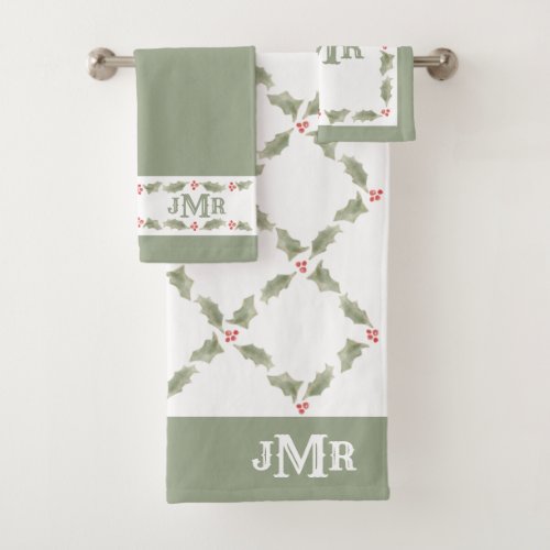 Watercolor Holly Monogrammed Christmas Red Green Bath Towel Set