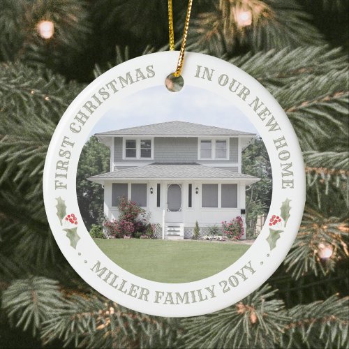 Watercolor Holly New Home First Xmas House 2 Photo Ceramic Ornament
